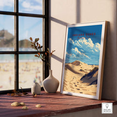 Indiana Dunes National Park Poster displayed on a wooden table by a window with a beach view.