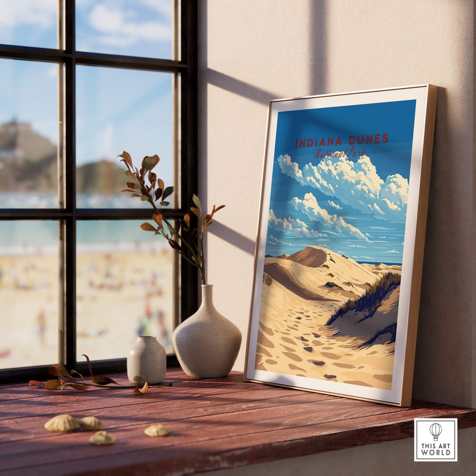 Indiana Dunes National Park Poster displayed on a wooden table by a window with a beach view.