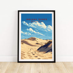 Indiana Dunes National Park Poster showcasing sandy dunes and blue skies in a beautiful framed print.