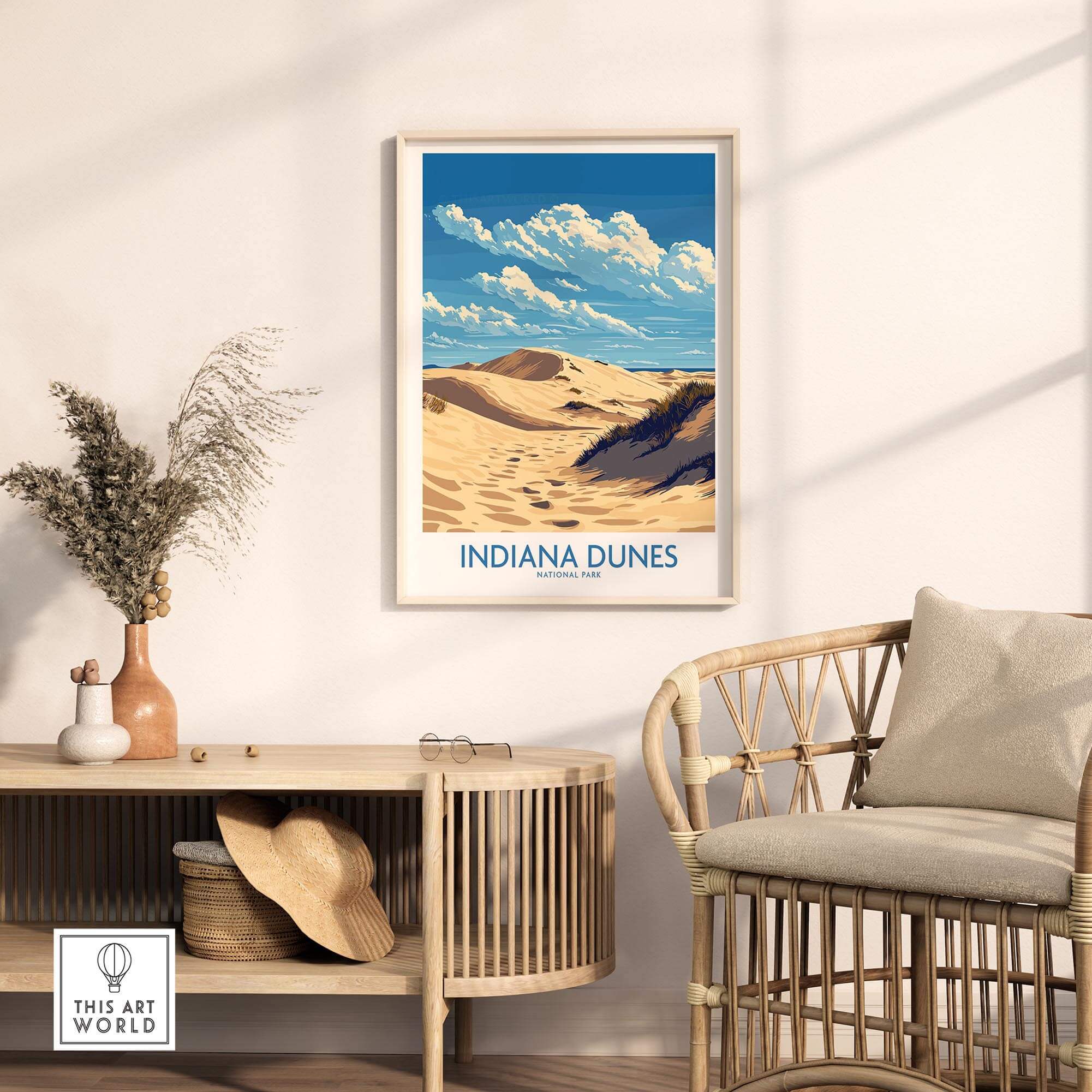 Indiana Dunes National Park Print showcasing scenic dunes and blue skies in a stylish interior setting.