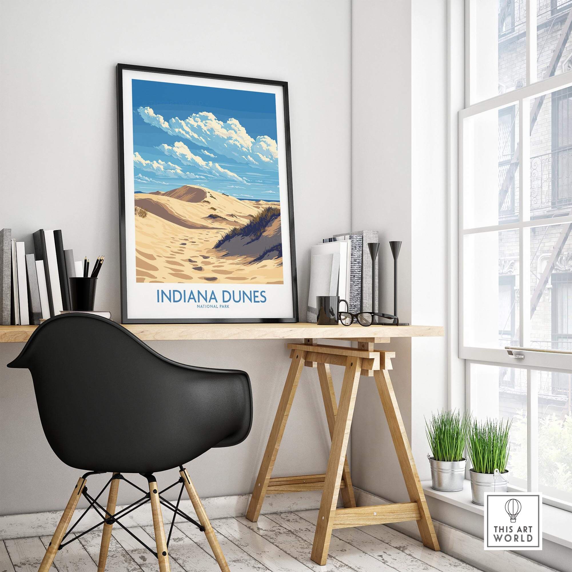 Indiana Dunes National Park Print displayed in a modern home office setting with natural light.