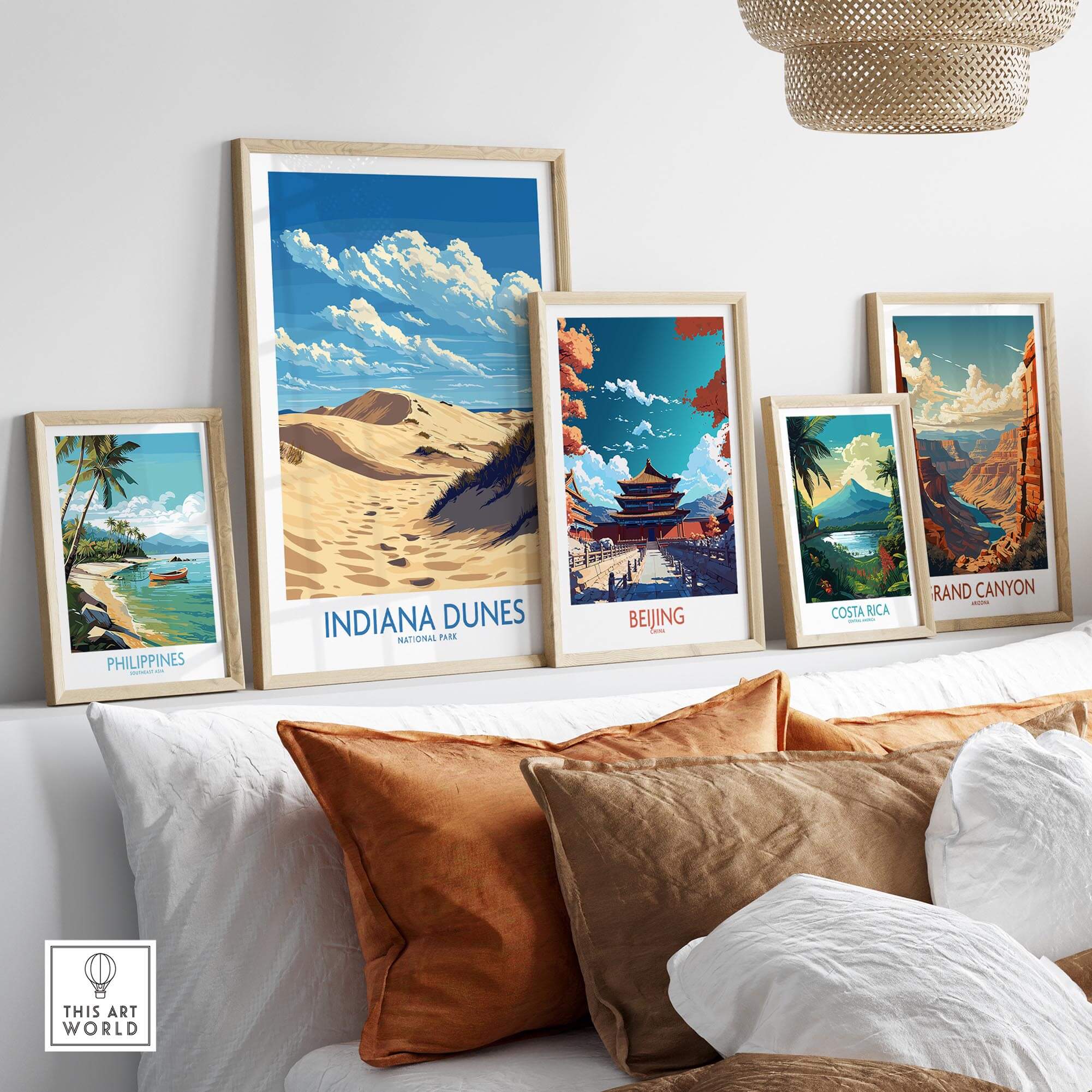 Indiana Dunes National Park Print displayed with other travel-themed prints on a shelf.