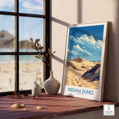 Indiana Dunes National Park Print displayed on a wooden table beside a window, showcasing beautiful dunes and blue skies.