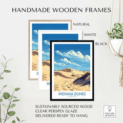 Handmade wooden frames for Indiana Dunes National Park Print in natural, white, and black finishes.