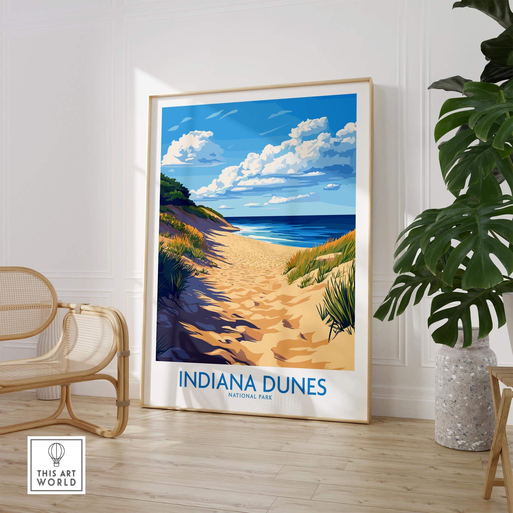 Indiana Dunes Poster National Park displayed in a stylish interior with beach path and vibrant sky.