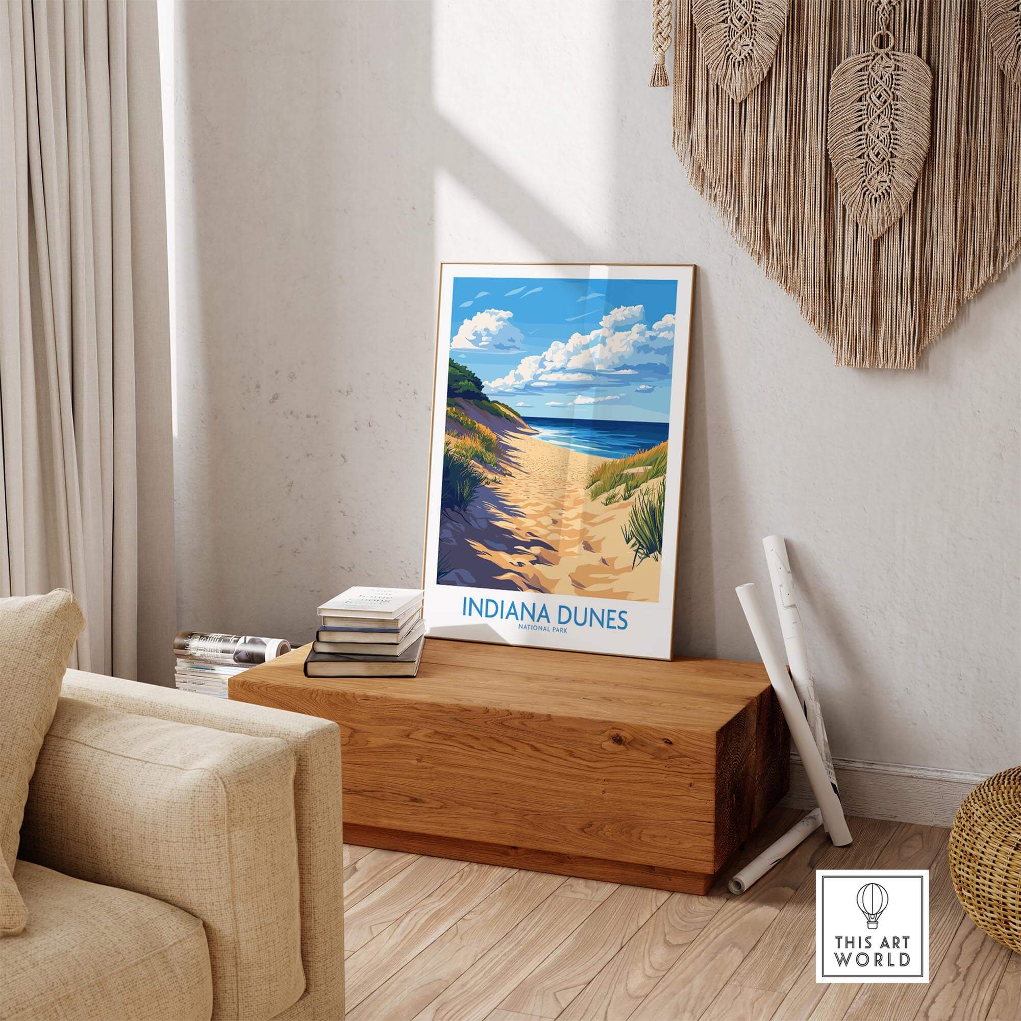 Indiana Dunes Poster National Park displayed in a cozy room with wooden decor and a beach landscape.