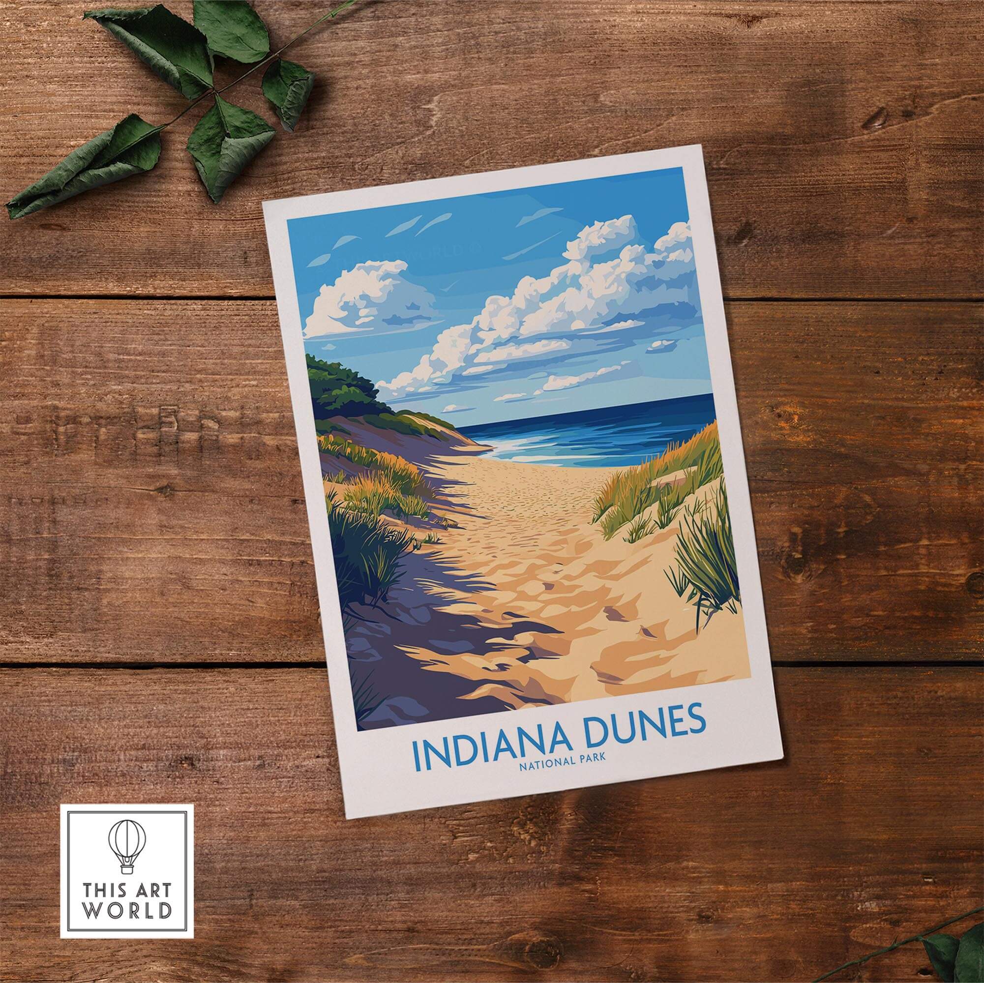 Indiana Dunes Poster National Park showcasing scenic beach landscape and blue skies.