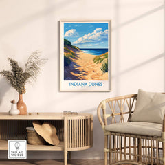 Indiana Dunes Poster National Park displayed in a stylish home setting with beach and nature scenery.