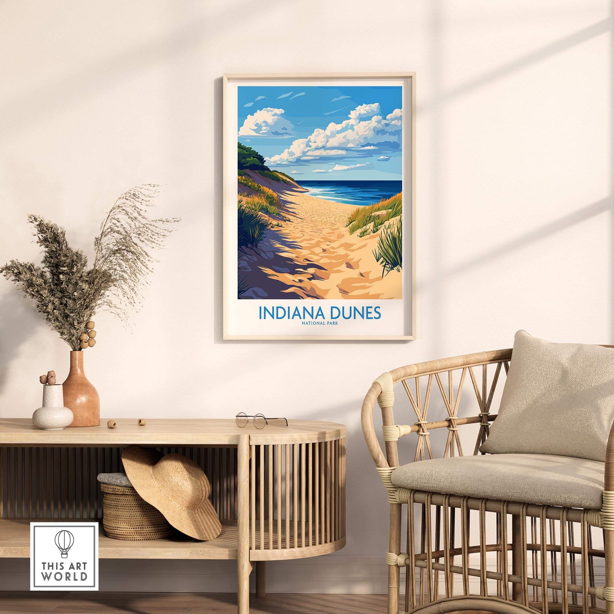 Indiana Dunes Poster National Park displayed in a stylish home setting with beach and nature scenery.