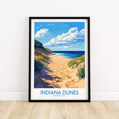 Indiana Dunes Poster National Park showcasing a scenic beach path with vibrant blue skies and lush greenery.