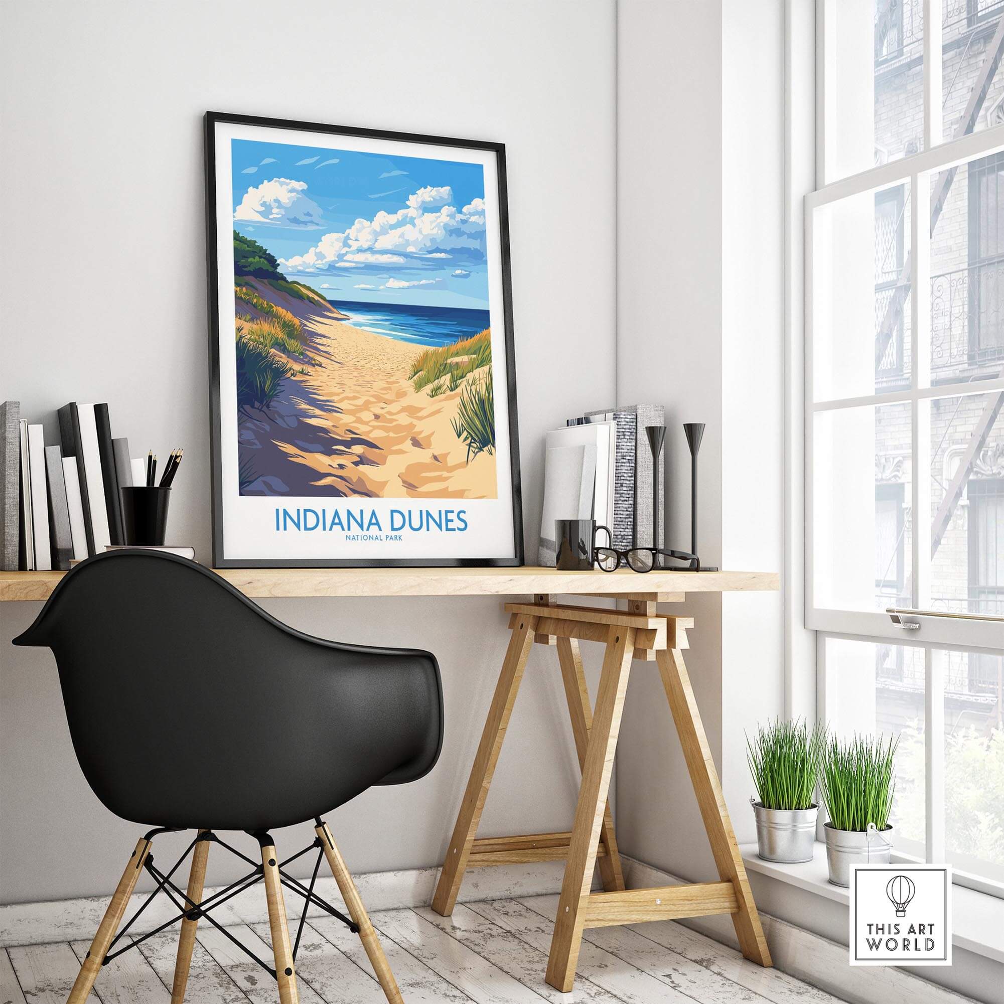 Indiana Dunes Poster National Park displayed on a wall in a modern office setting with a stylish chair.