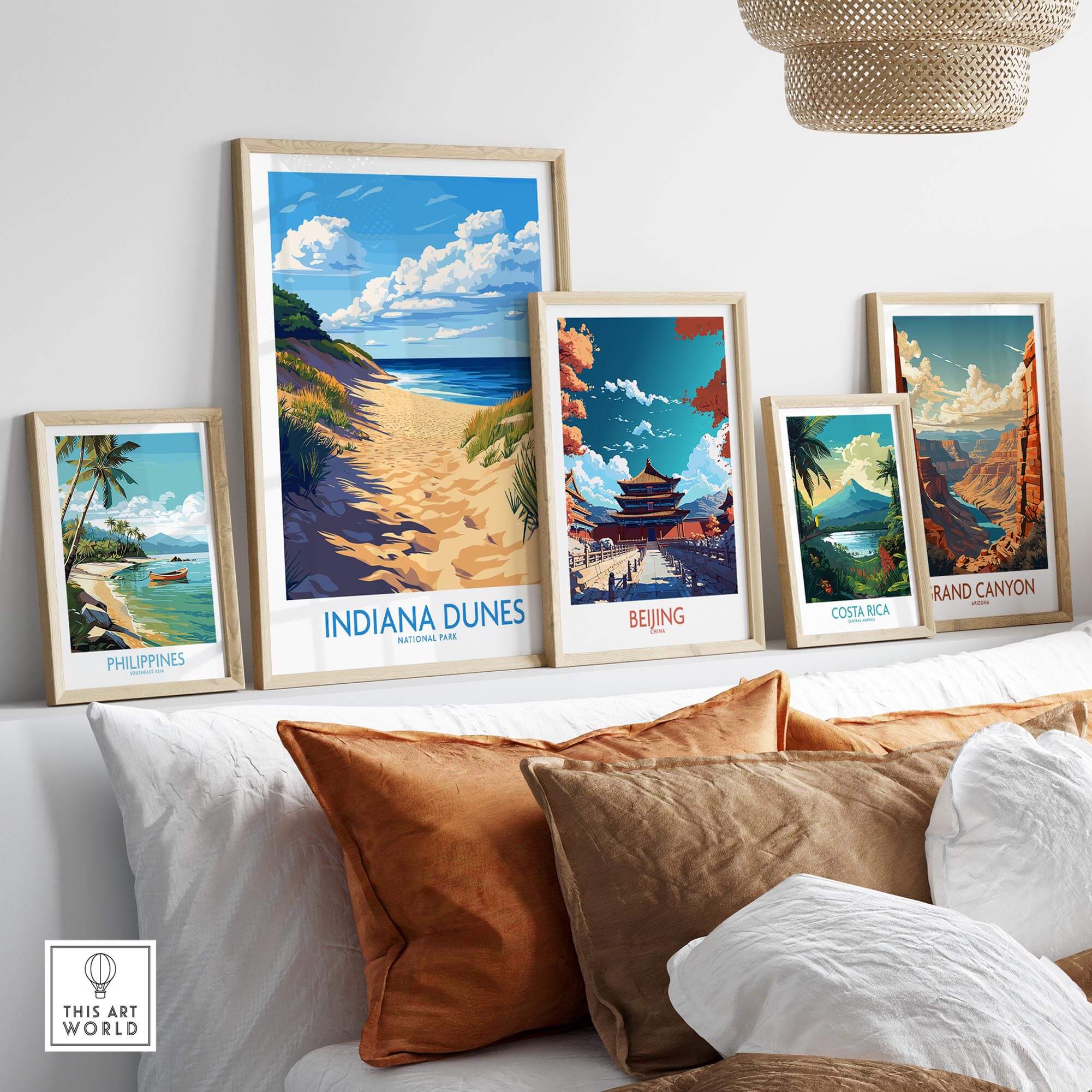 Indiana Dunes Poster National Park displayed among framed travel posters in a stylish living room setting.