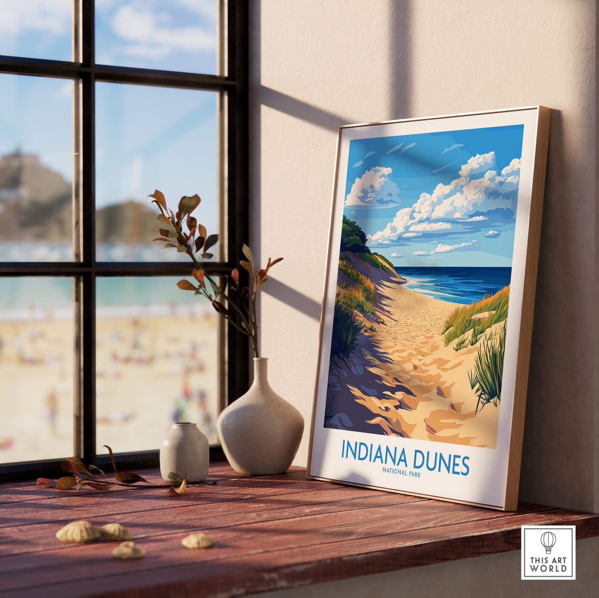 Indiana Dunes Poster National Park featuring a scenic beach path, inspiring nature lovers to explore.
