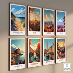 Indiana Dunes Poster National Park and other travel posters displayed on a wall.