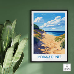 Indiana Dunes Poster National Park showcasing scenic beach landscape with blue skies and lush greenery.