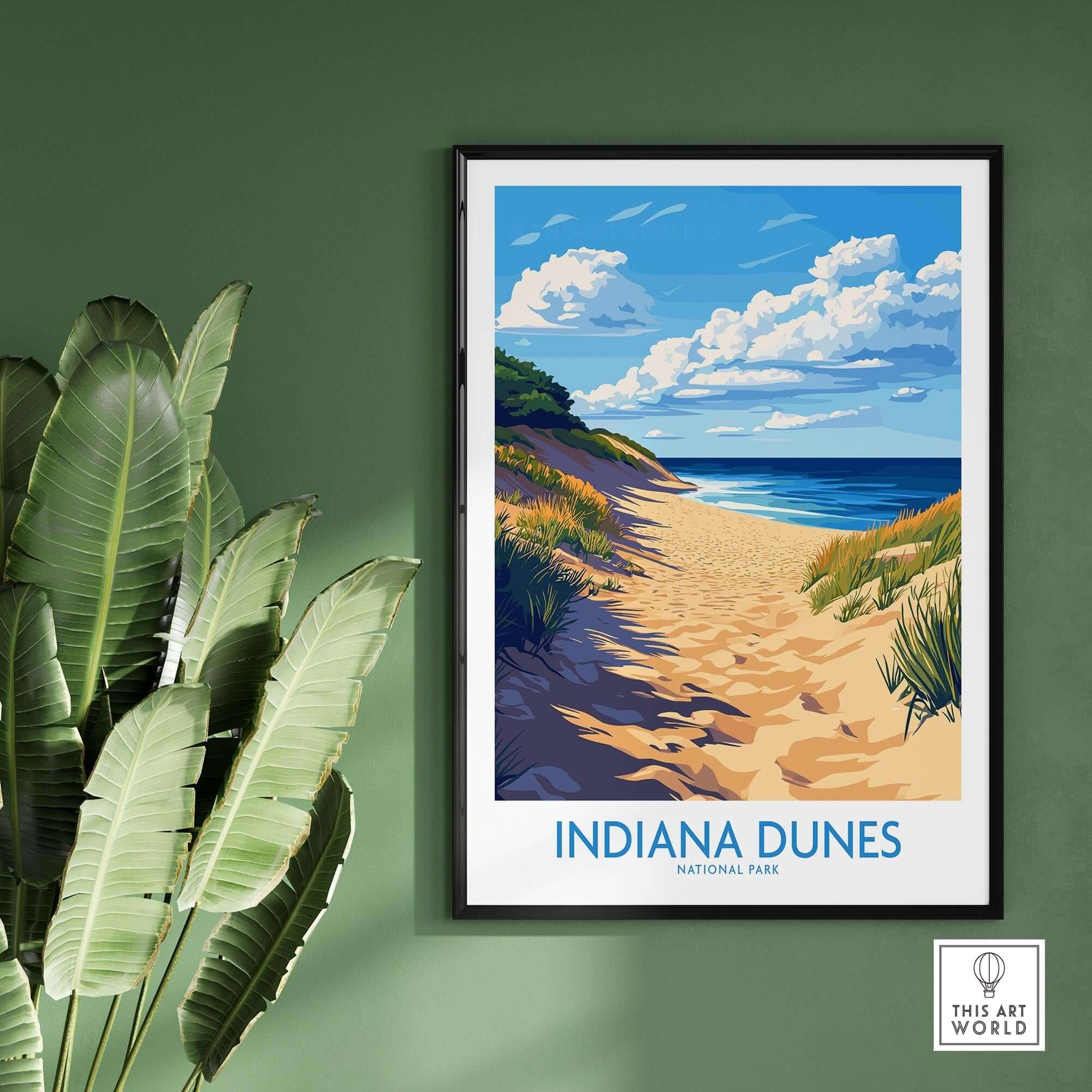 Indiana Dunes Poster National Park showcasing scenic beach landscape with blue skies and lush greenery.