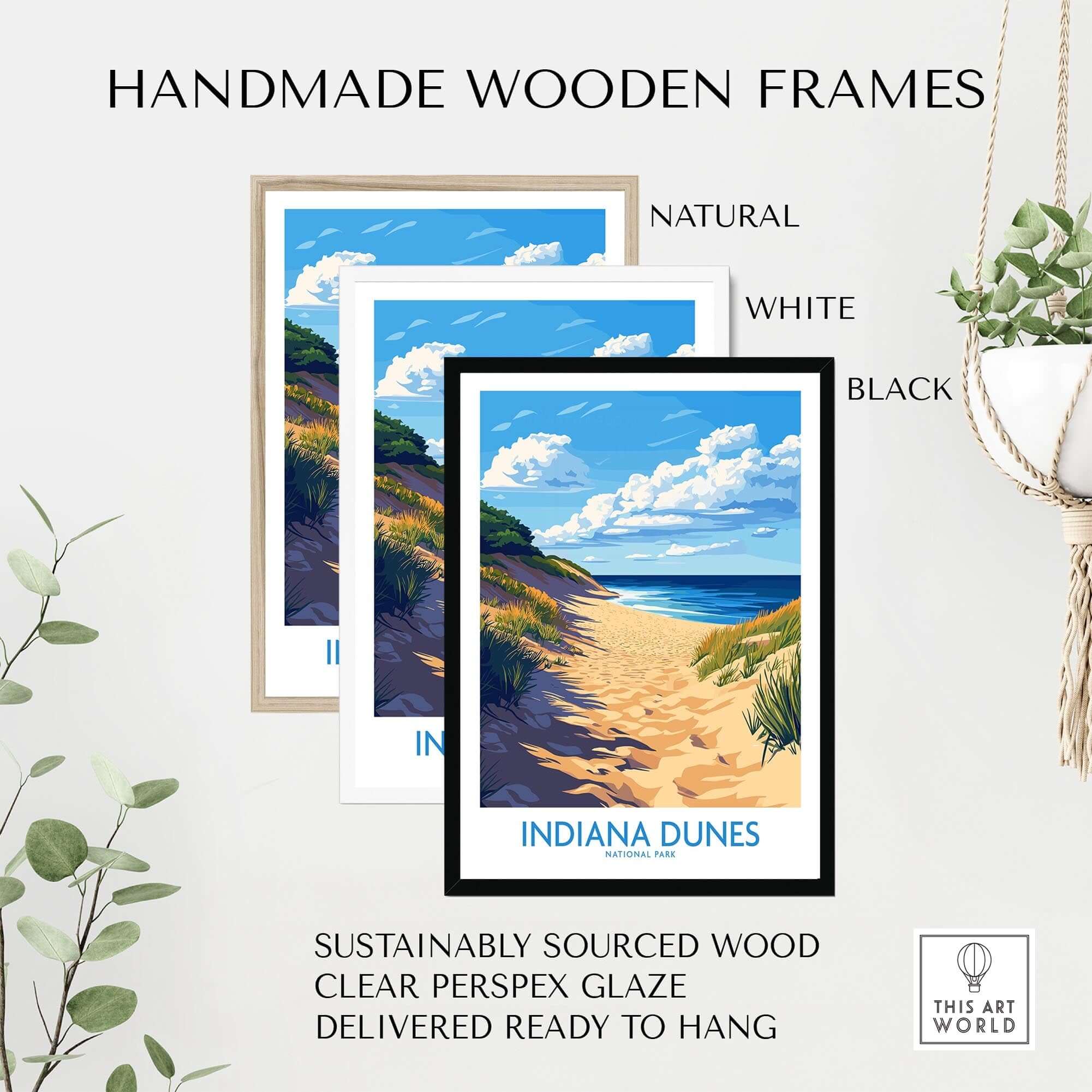 Handmade wooden frames for Indiana Dunes Poster National Park, available in natural, white, and black.