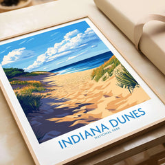 Indiana Dunes Poster National Park showcasing a scenic beach path with vibrant blue skies and lush greenery.