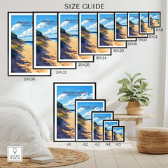Size guide for Indiana Dunes Print showcasing various frame sizes and a beautiful dune landscape.