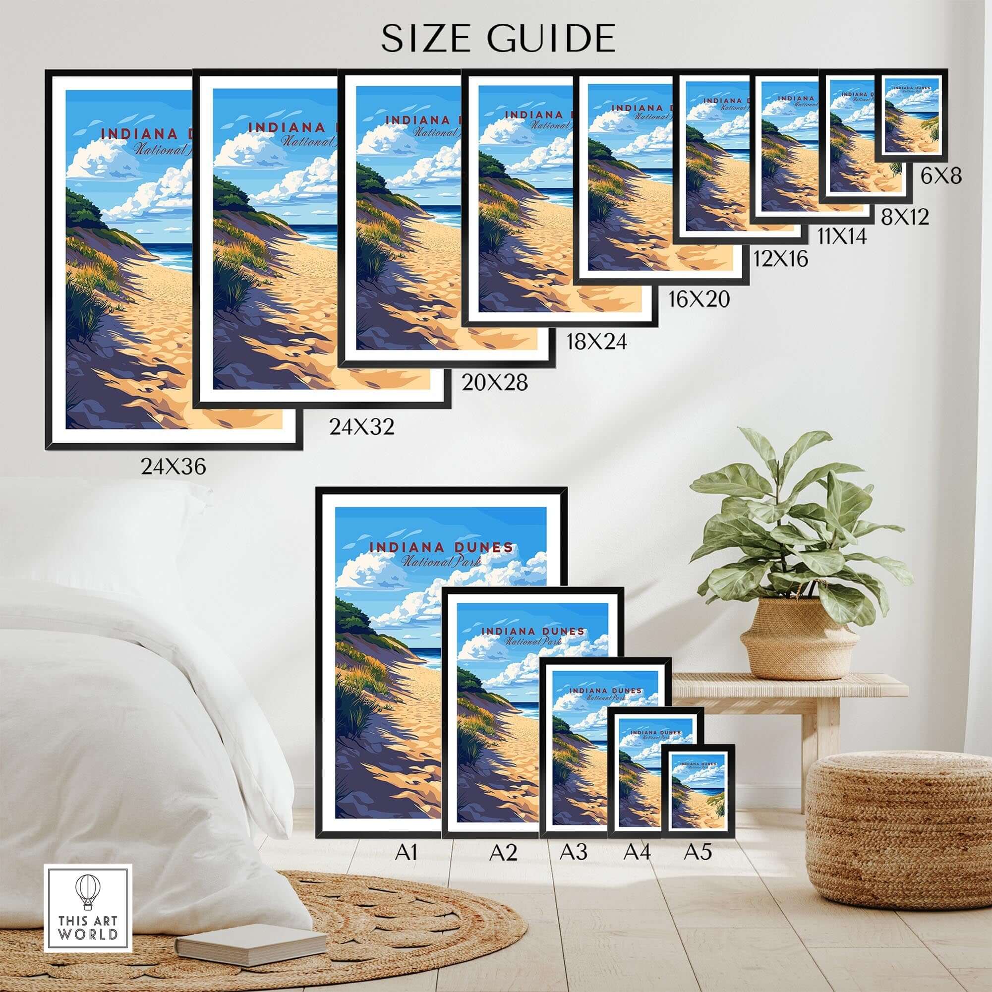 Size guide for Indiana Dunes Print showcasing various frame sizes and a beautiful dune landscape.