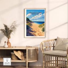 Indiana Dunes Print hanging in a stylish living room, showcasing the beauty of the Indiana Dunes National Park.