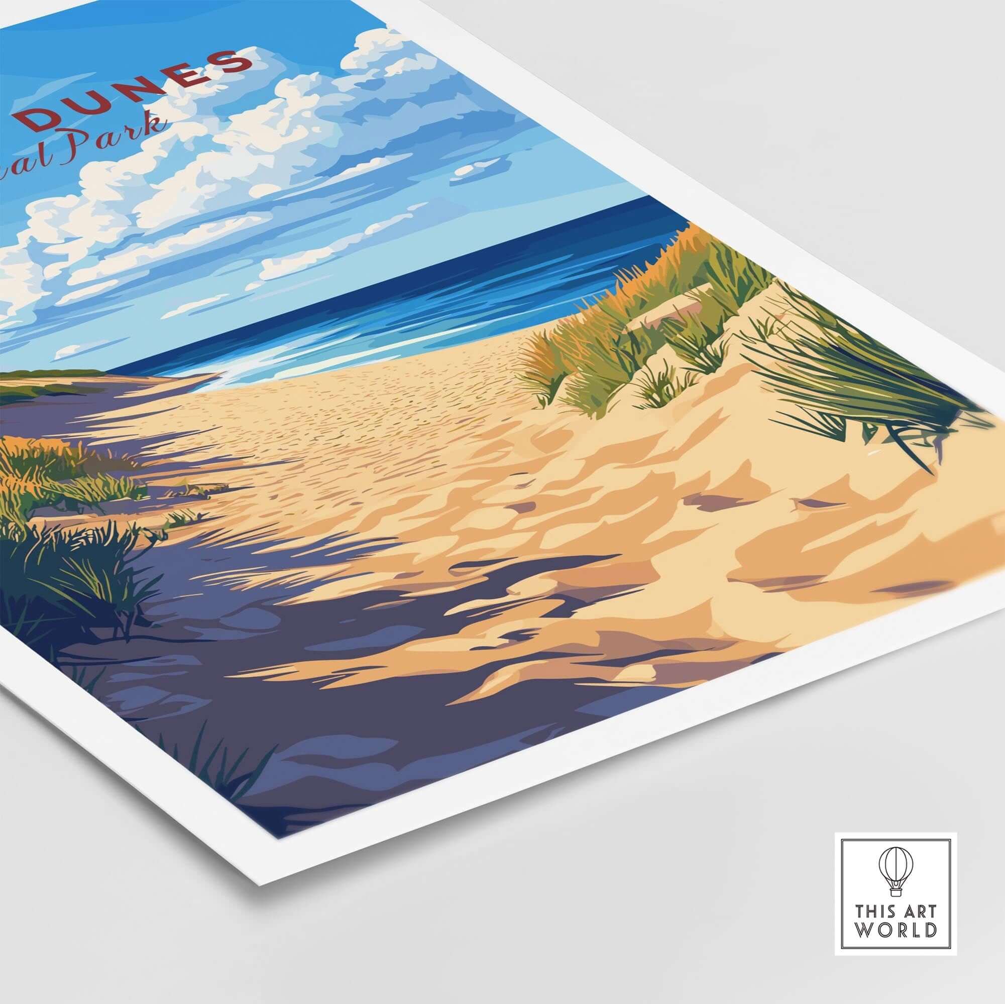 Indiana Dunes Print featuring a serene sandy beach, vibrant blue sky, and lush green dunes for nature lovers.
