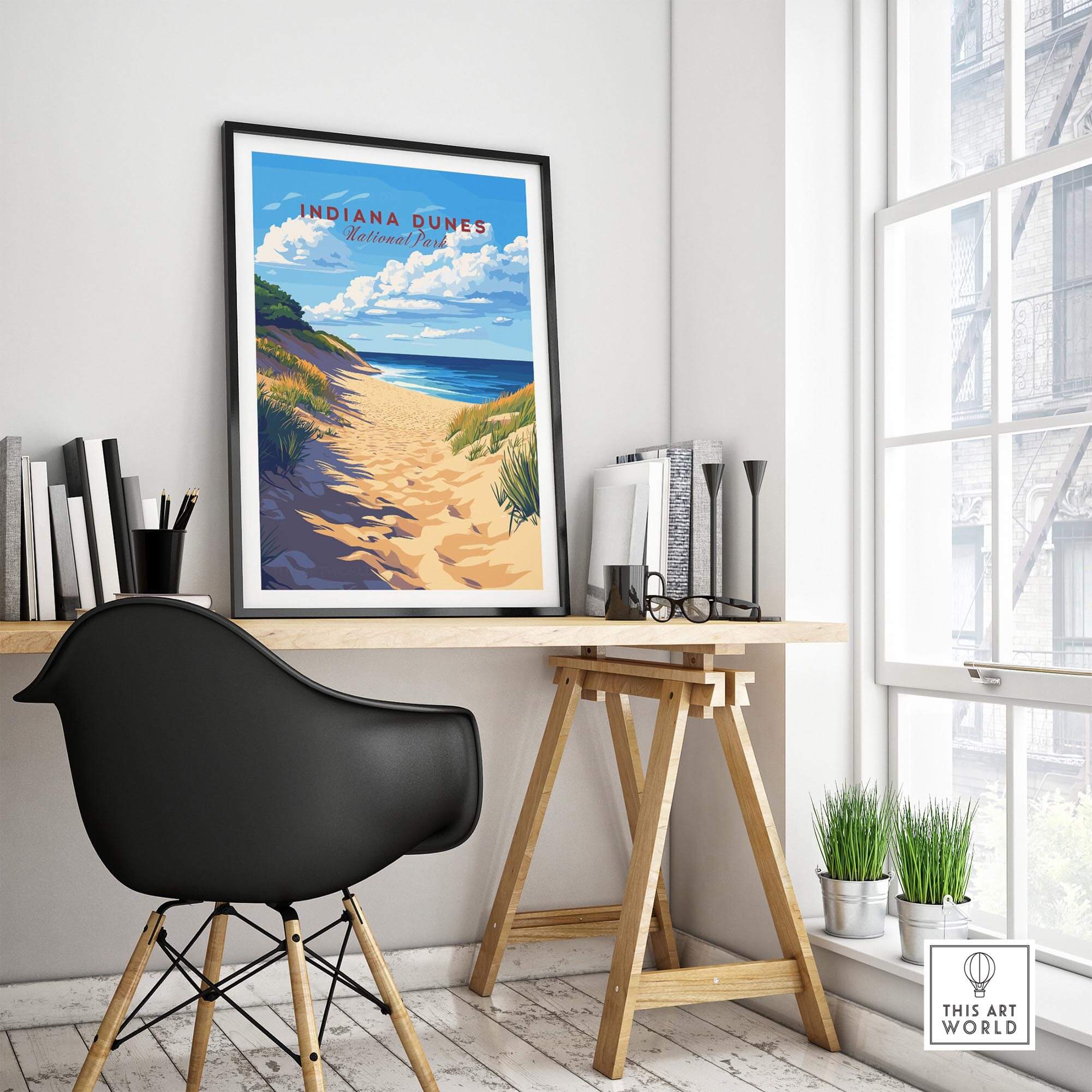 Indiana Dunes Print displayed in a bright room with a desk, showcasing the beauty of Indiana Dunes National Park.
