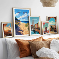 Indiana Dunes Print displayed alongside travel prints on a stylish wall decor.
