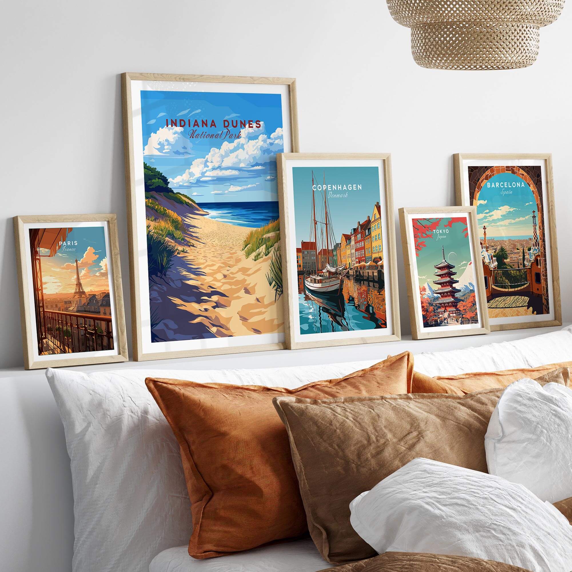 Indiana Dunes Print displayed alongside travel prints on a stylish wall decor.