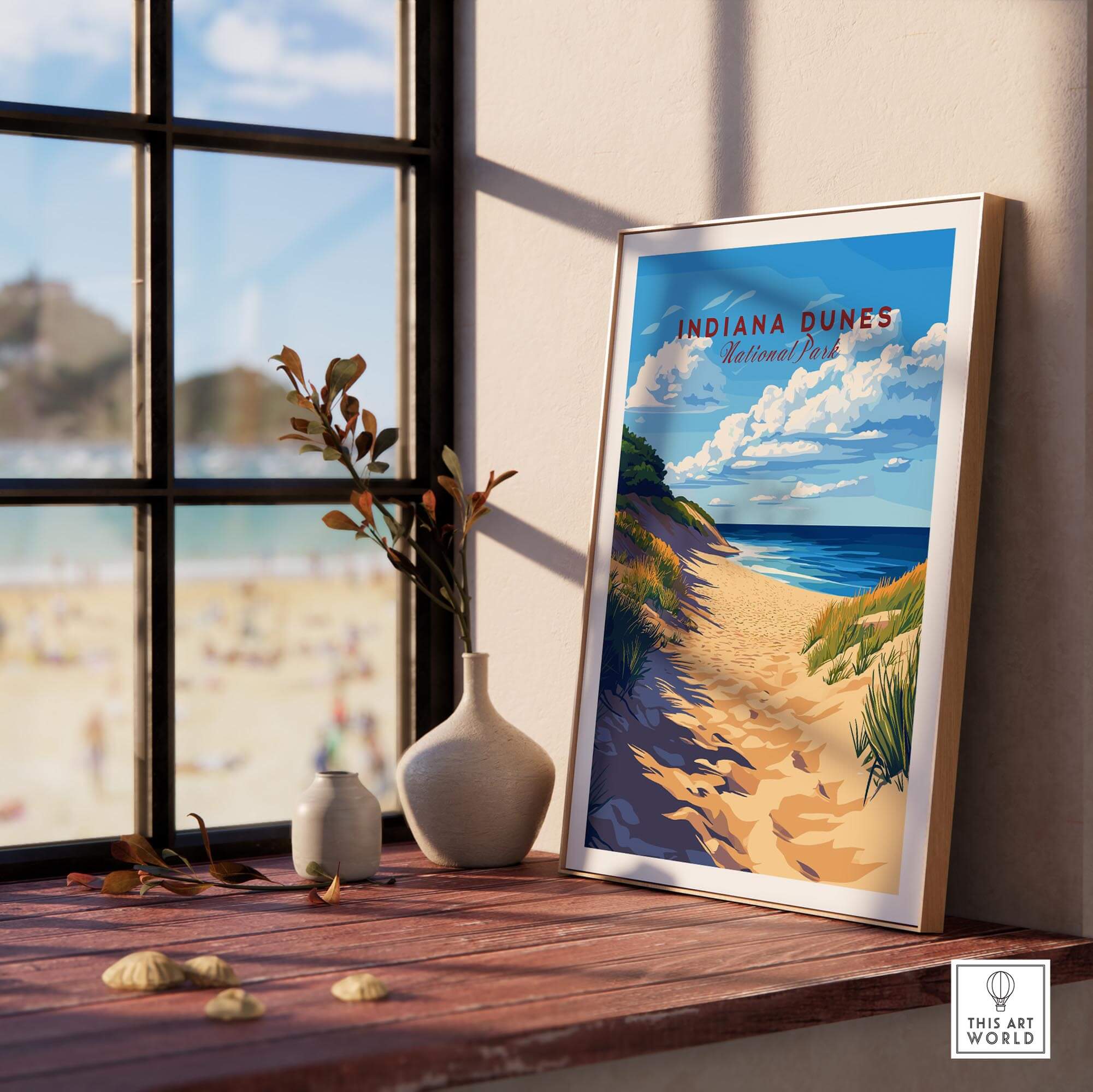 Framed Indiana Dunes Print showcasing a scenic beach view, perfect for nature lovers and adventurers.