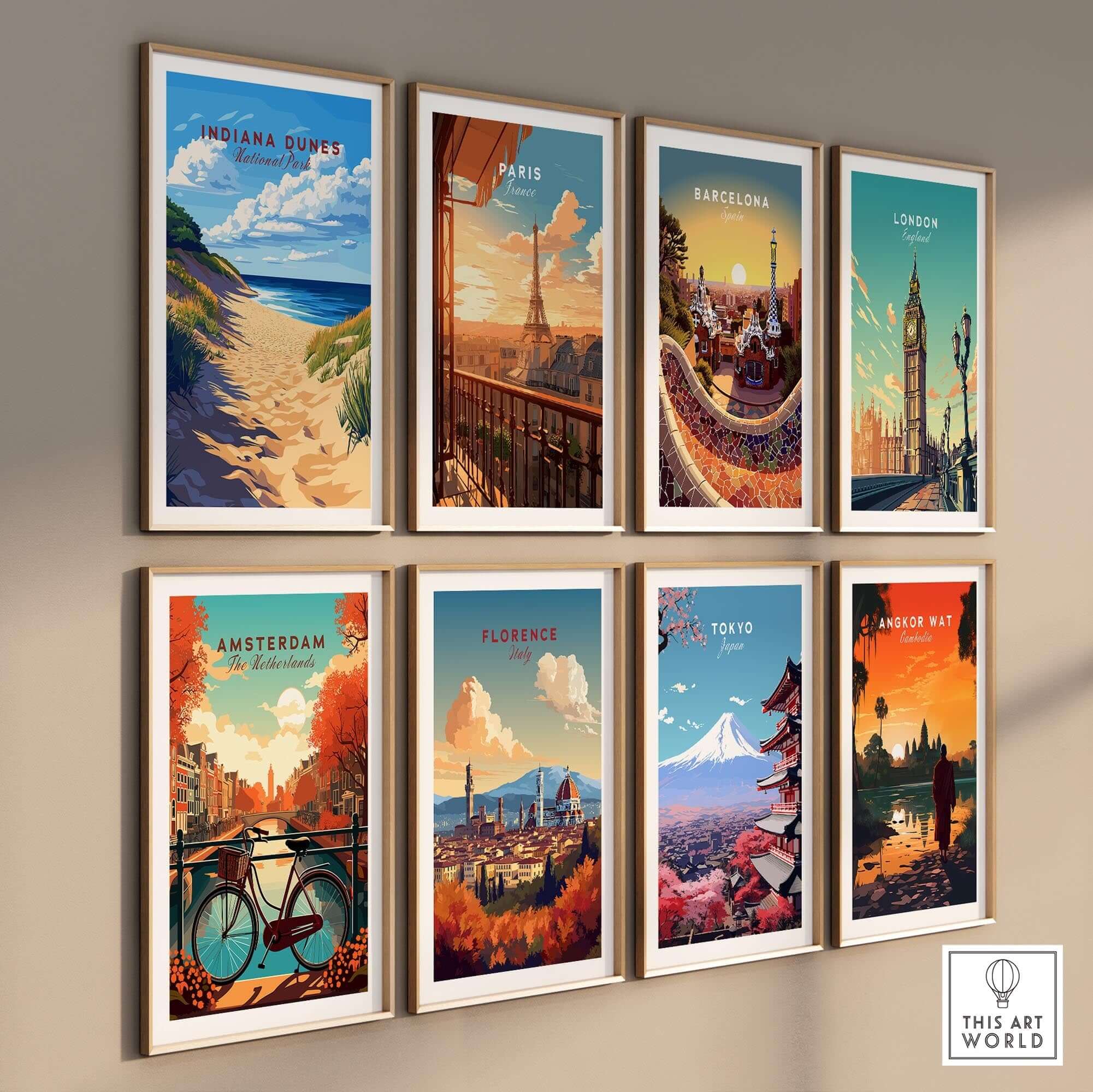 Indiana Dunes Print and city travel posters in a stylish wall arrangement showcasing global landmarks.