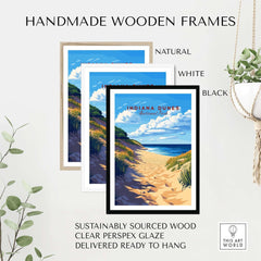Handmade wooden frames for Indiana Dunes Print, featuring natural, white, and black options, ready to hang.