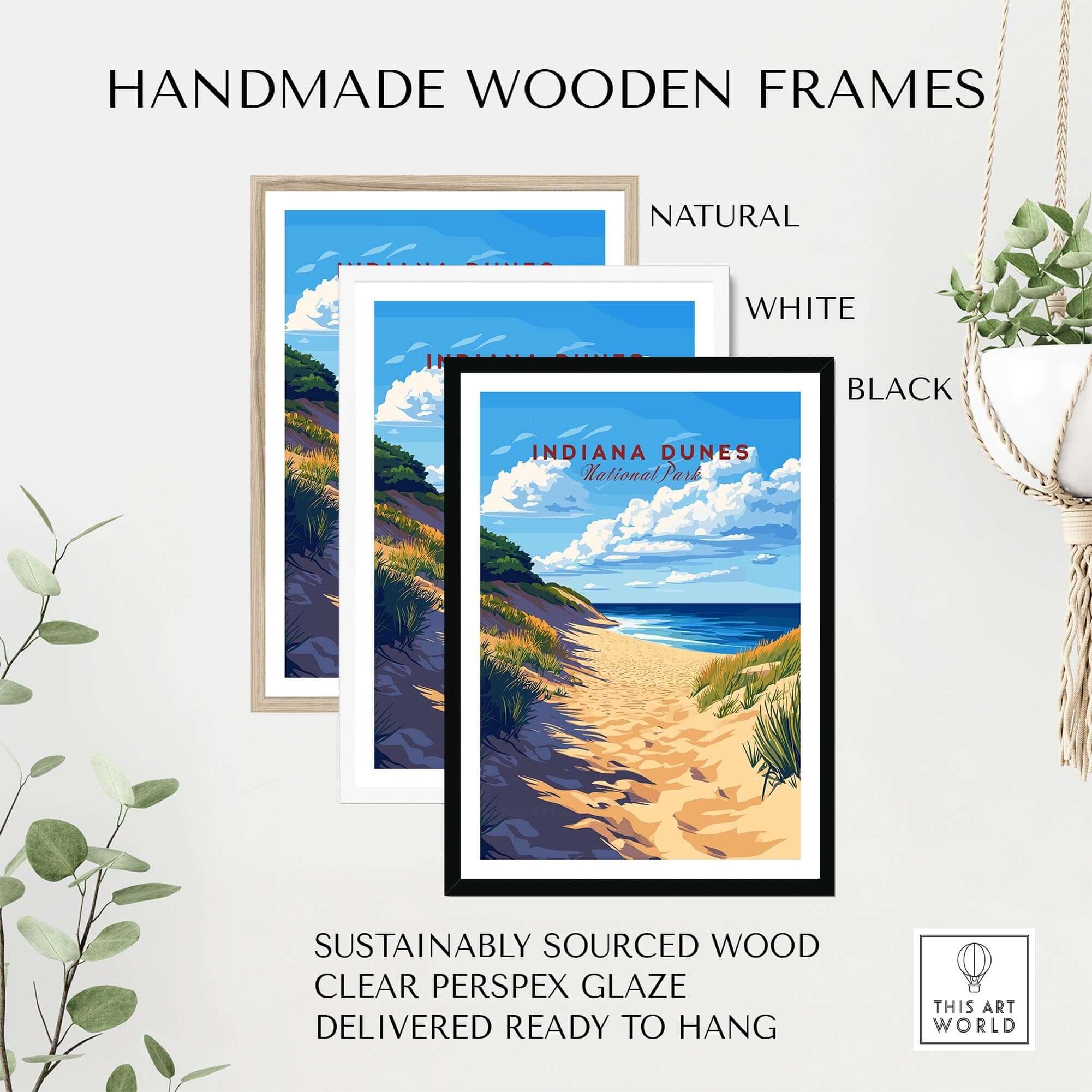 Handmade wooden frames for Indiana Dunes Print, featuring natural, white, and black options, ready to hang.