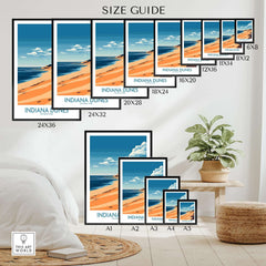Indiana Dunes Travel Poster size guide showcasing various dimensions for wall display.