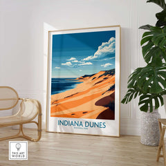 Indiana Dunes Travel Poster showcasing vibrant beach scenery and dunes of Indiana Dunes National Park.
