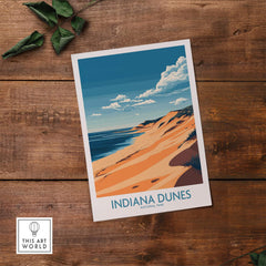 Indiana Dunes Travel Poster showcasing vibrant imagery of Indiana Dunes National Park on wooden background.