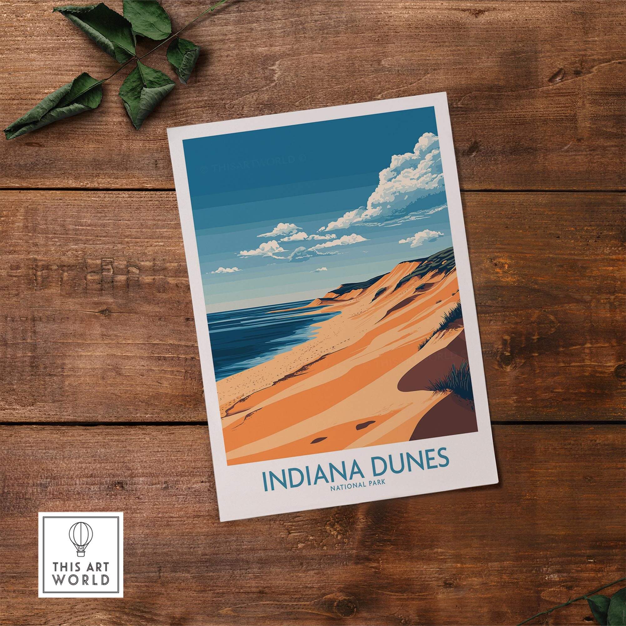 Indiana Dunes Travel Poster showcasing vibrant imagery of Indiana Dunes National Park on wooden background.