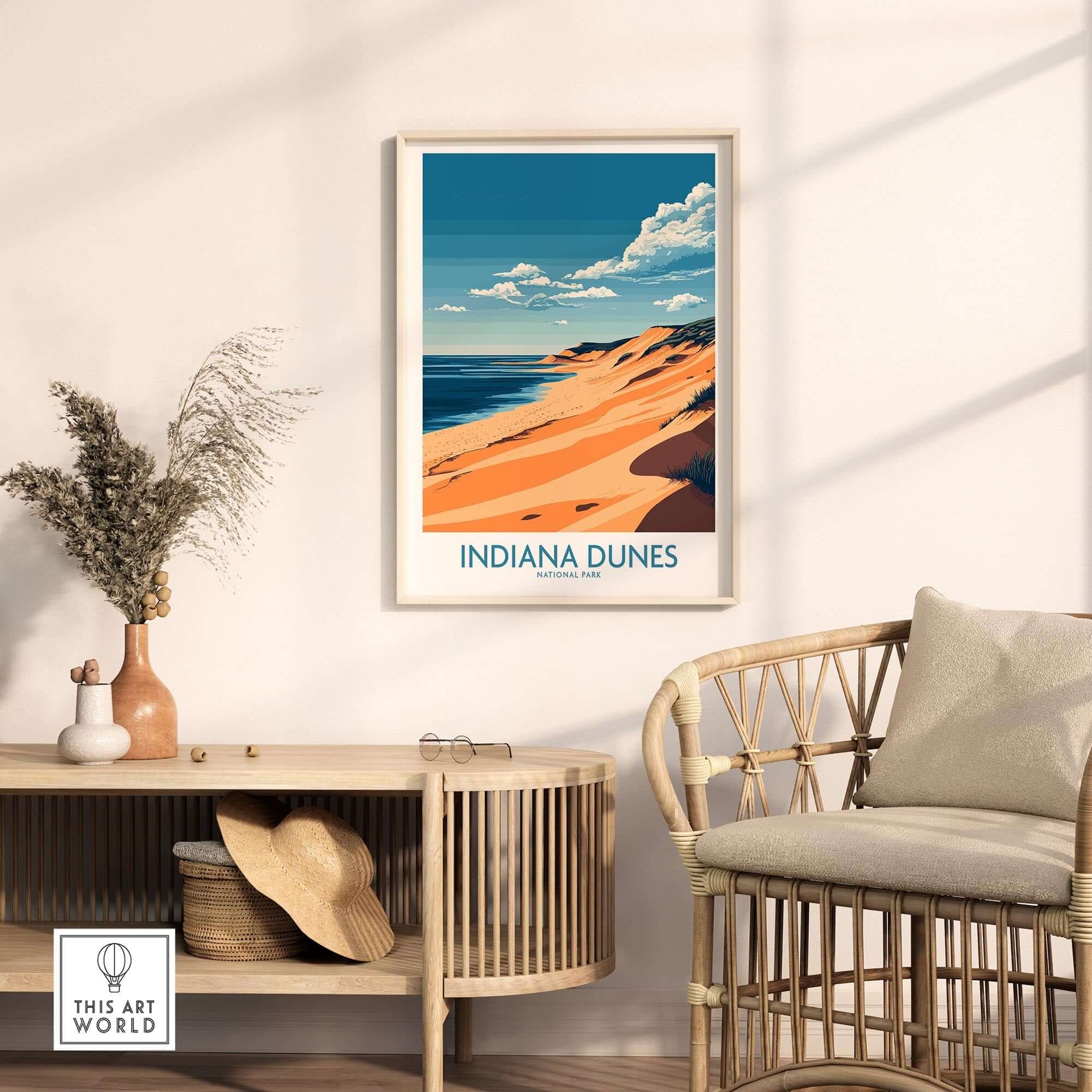 Indiana Dunes Travel Poster featuring stunning dunes and vibrant colors, perfect for travel enthusiasts.