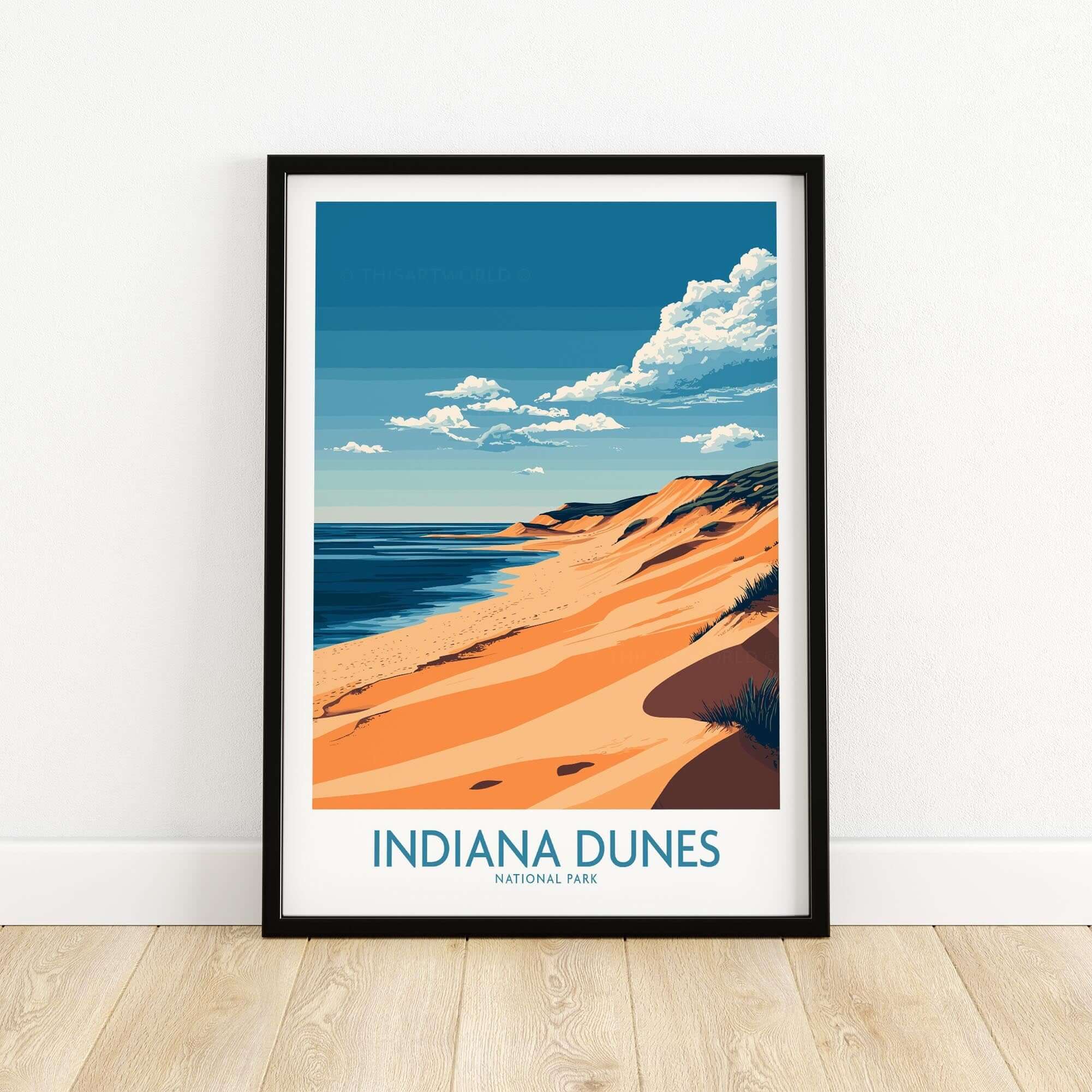 Indiana Dunes Travel Poster featuring a scenic view of the national park's coastline and vibrant colors.