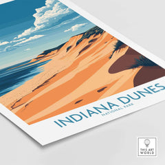 Indiana Dunes Travel Poster showcasing the serene landscape of Indiana Dunes National Park with vibrant colors.