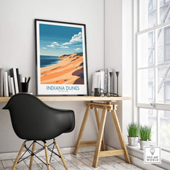 Indiana Dunes Travel Poster displayed in a stylish modern workspace with wooden furniture and natural light.