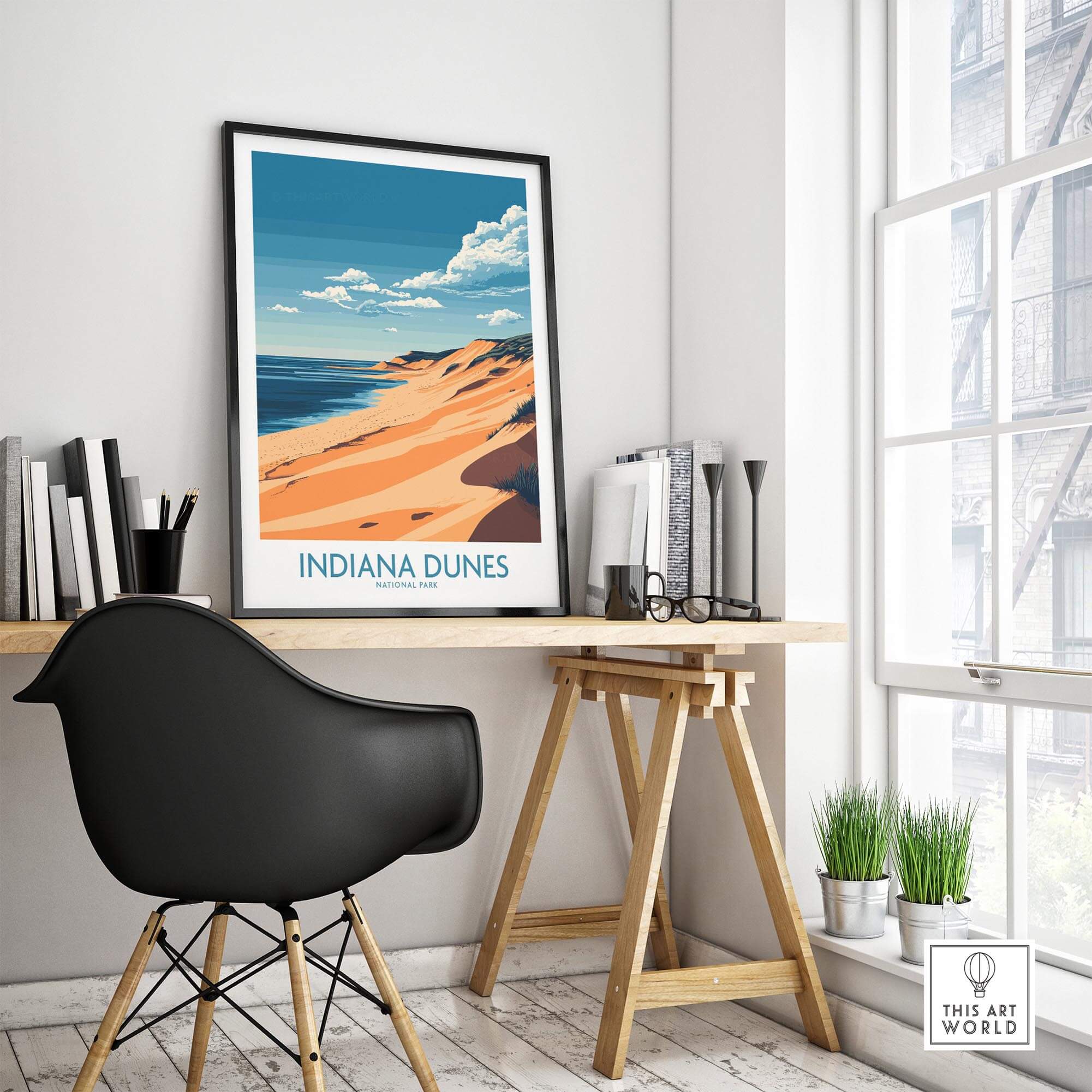 Indiana Dunes Travel Poster displayed in a stylish modern workspace with wooden furniture and natural light.