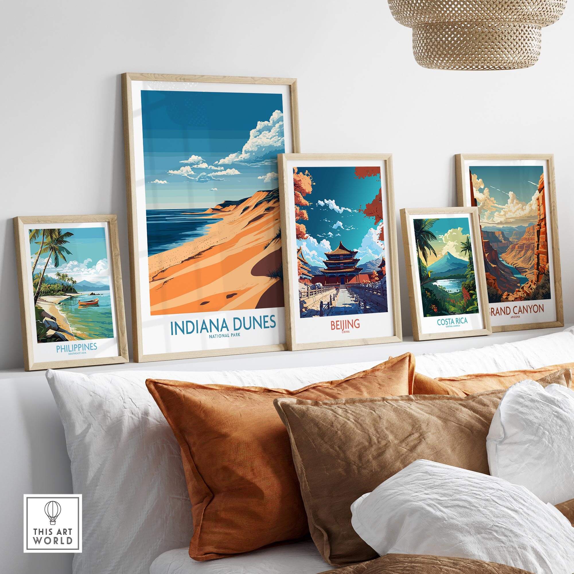 Indiana Dunes Travel Poster displayed among other travel posters on a stylish shelf in a cozy living space.