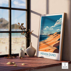 Indiana Dunes Travel Poster showcased in a sunlit room with beach view, capturing the beauty of Indiana Dunes National Park.