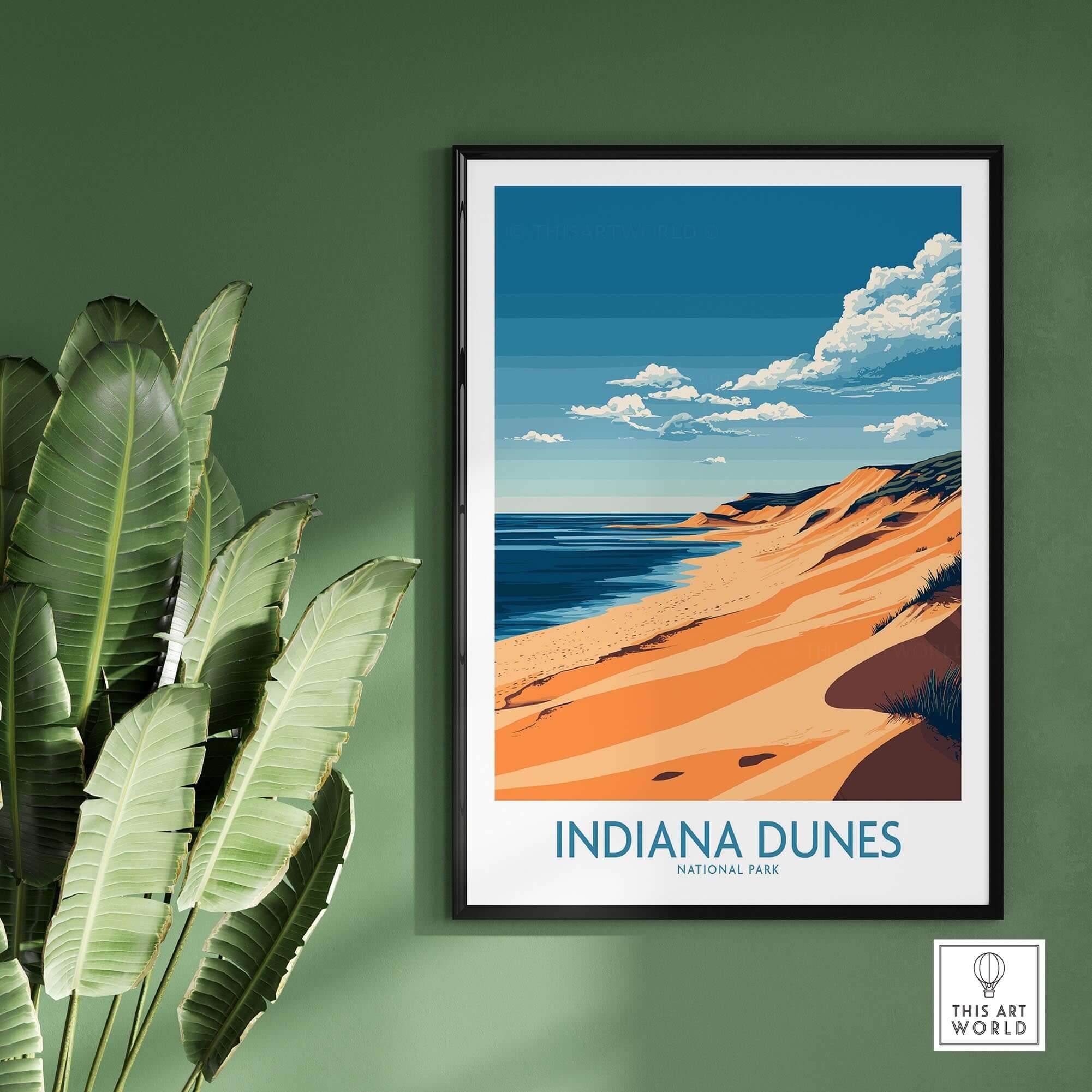 Indiana Dunes Travel Poster showcasing vibrant colors and stunning imagery of Indiana Dunes National Park.