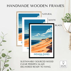 Handmade wooden frames for Indiana Dunes Travel Poster in natural, white, and black finishes.