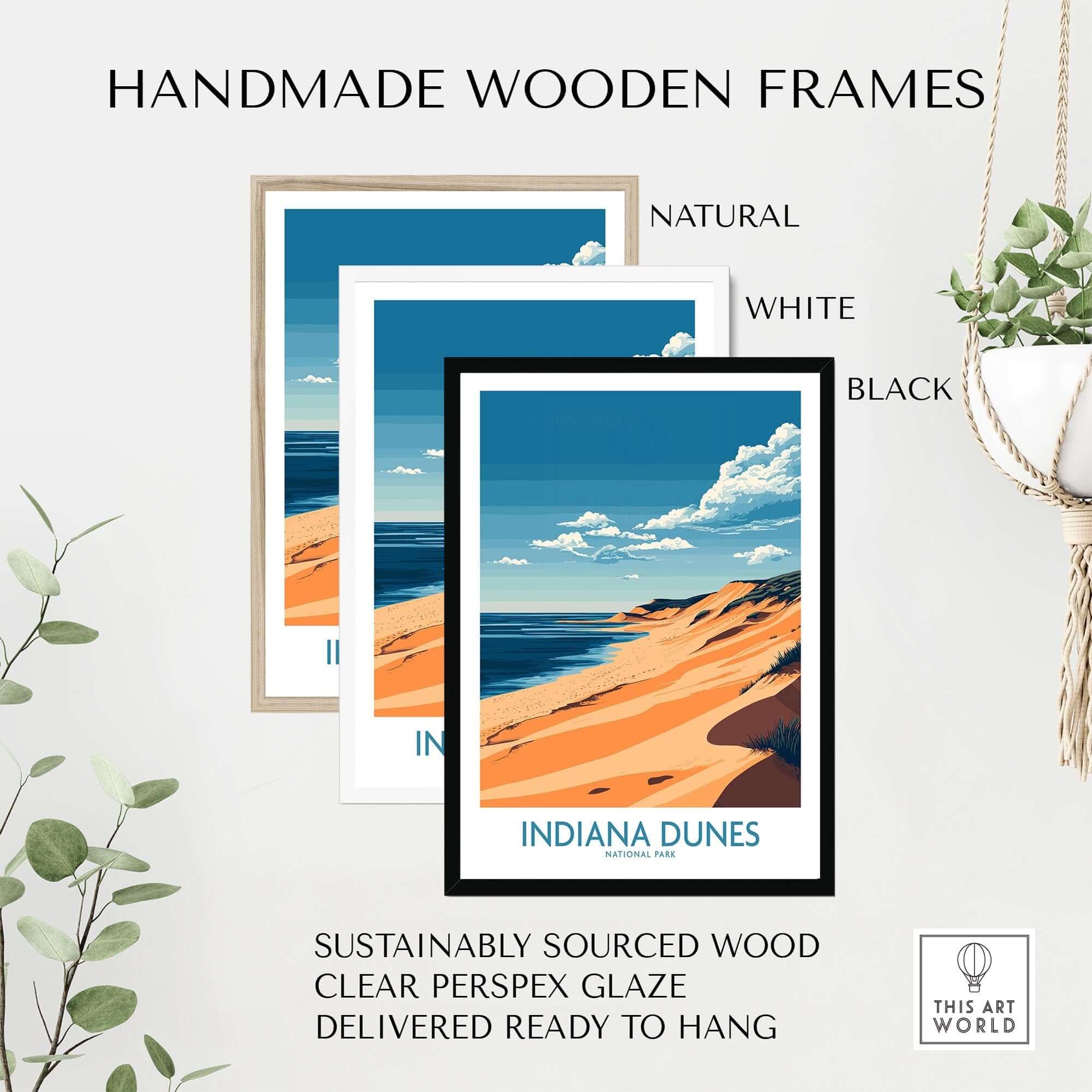 Handmade wooden frames for Indiana Dunes Travel Poster in natural, white, and black finishes.