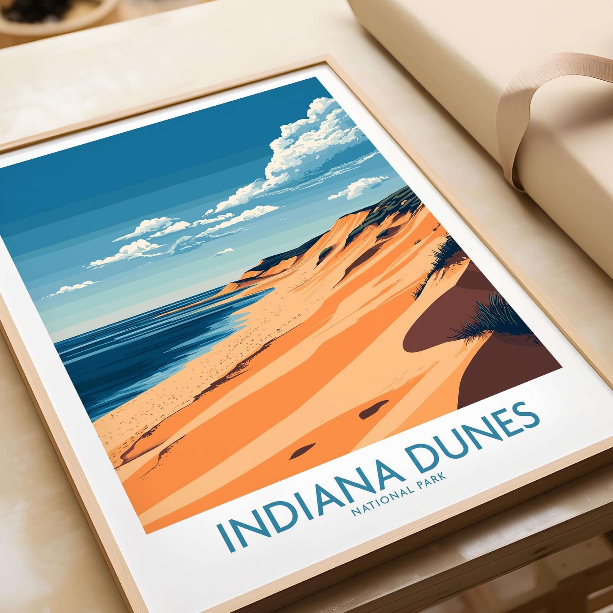Indiana Dunes Travel Poster featuring beautiful coastal scenery and vibrant colors.