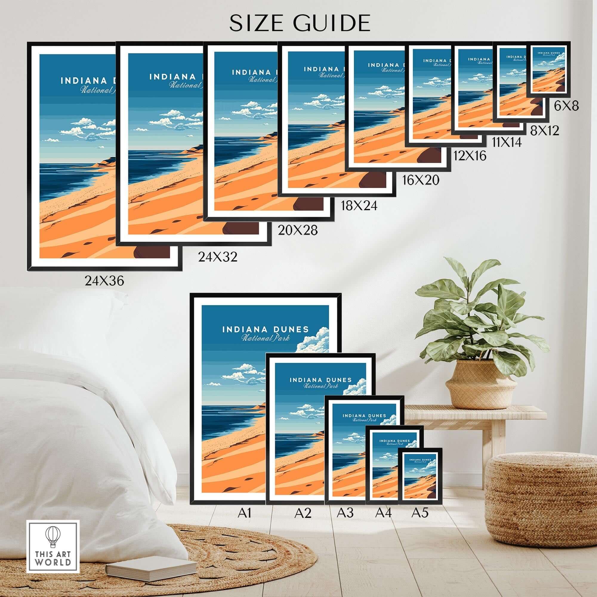 Indiana Dunes Travel Print size guide showcasing various print sizes and frame options for the Indiana Dunes Travel Print.