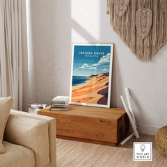 Indiana Dunes Travel Print displayed in a modern living room, showcasing the scenic beauty of Indiana Dunes National Park.